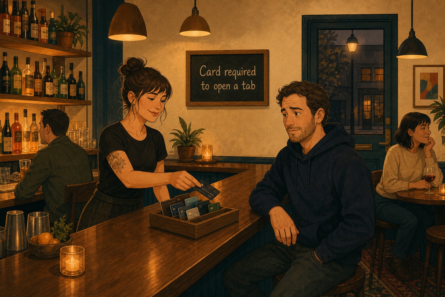 A bartender in a quiet neighborhood bar slides a customer's credit card into a tray of other cards under a sign that says card required to open a tab