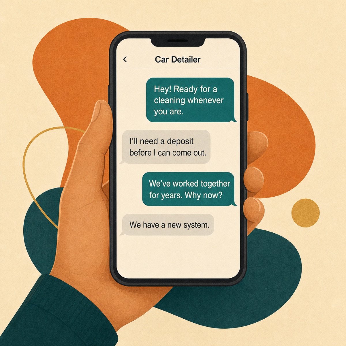 A text conversation with a car detailer who asks a long-time customer for a deposit and explains it as a new system