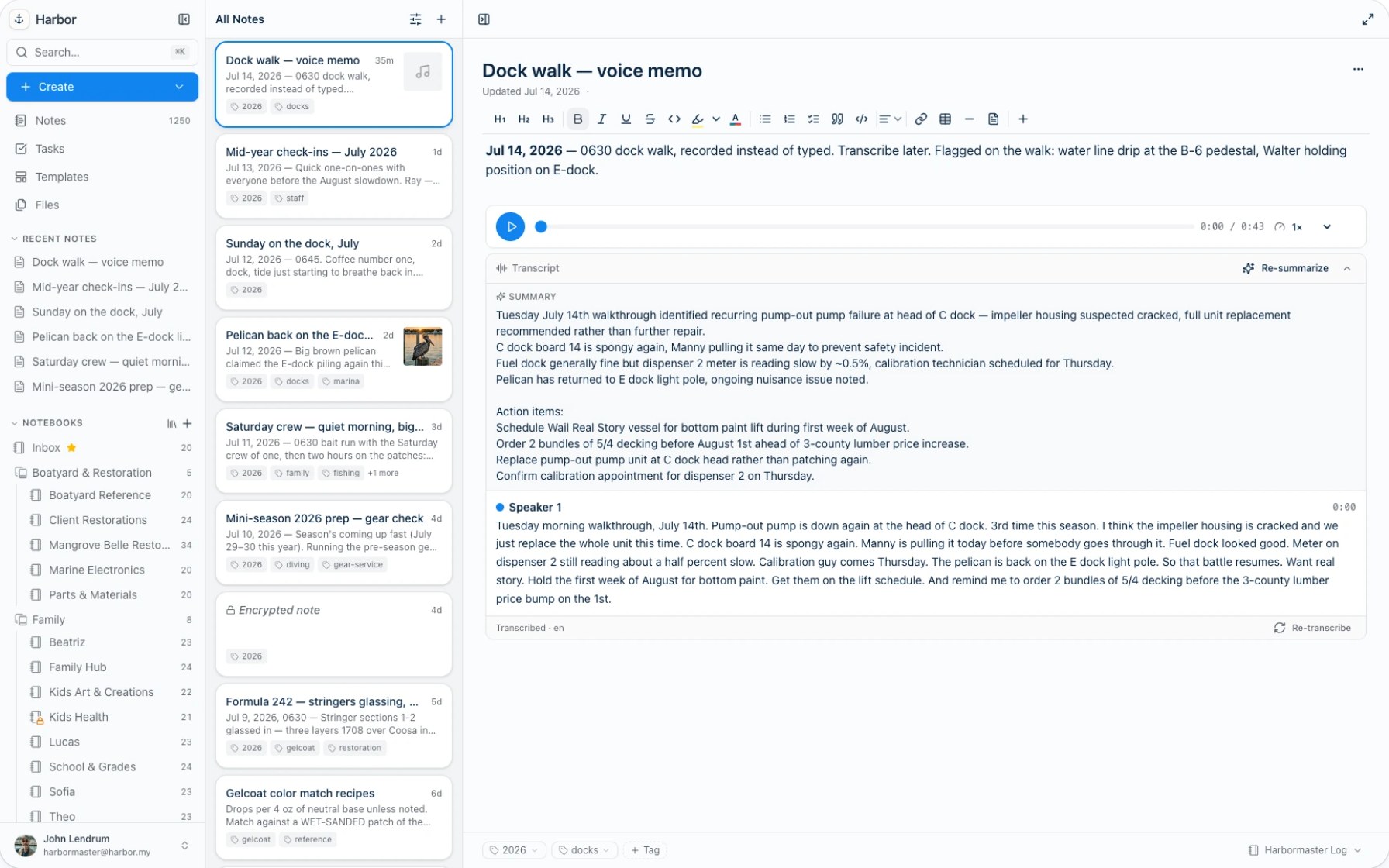 The Harbor desktop app showing notebooks, a note list, and a voice memo note with a searchable transcript