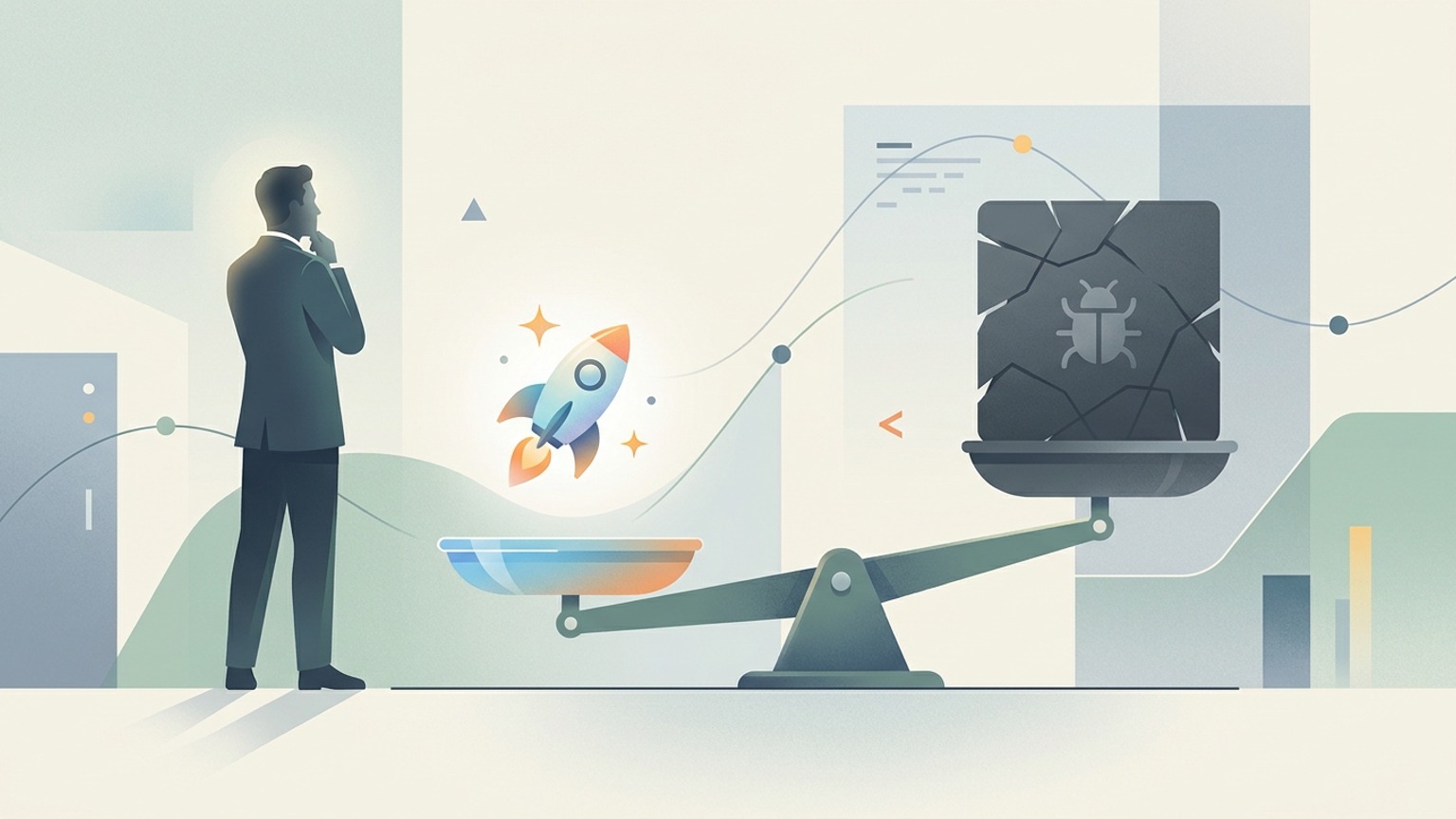 A balance scale weighing the speed of shipping with AI against the risk and cost of a bug